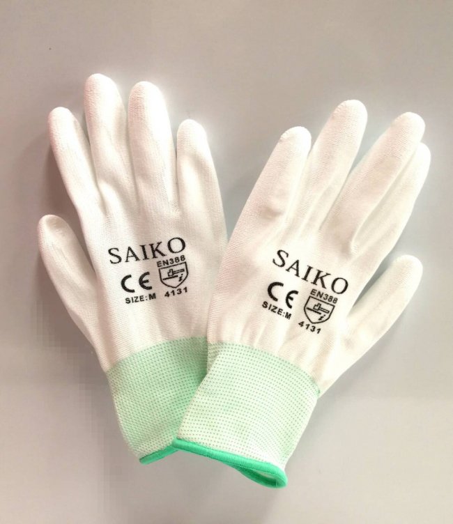 ถุงมือ PU เคลือบเต็มสีขาว SAIKO